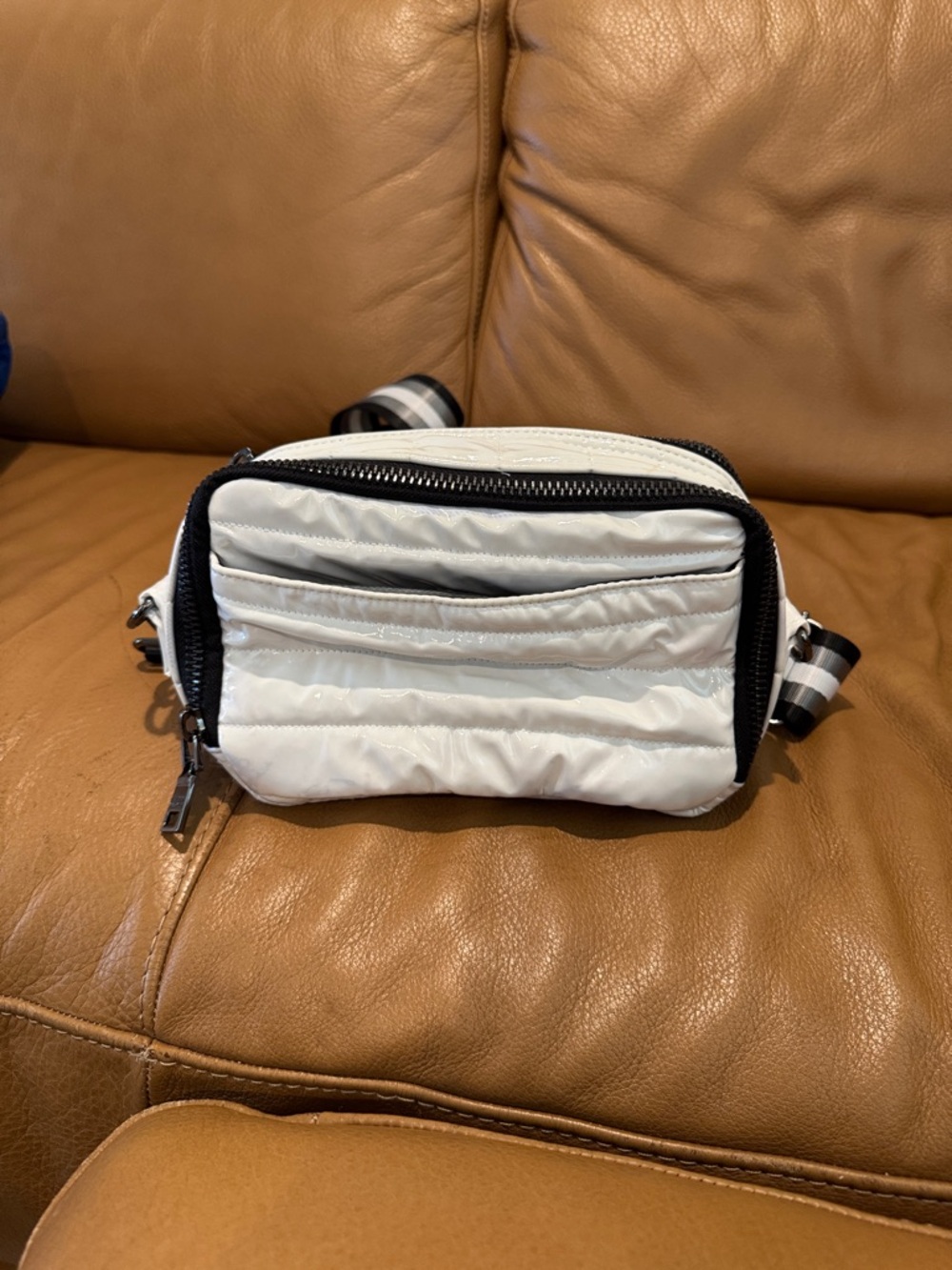 THINK ROYLN Double Zip Crossbody white Quilted with Black-Trim Striped Strap